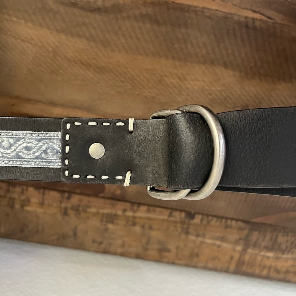 Women's Double Loop Leather Black Belt With Light Blue Embroidery XL